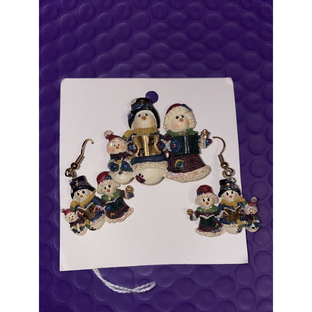 Vintage Christmas Brooch Pin Ceramic Snowman Snowmen Family of 3 With Earrings‎